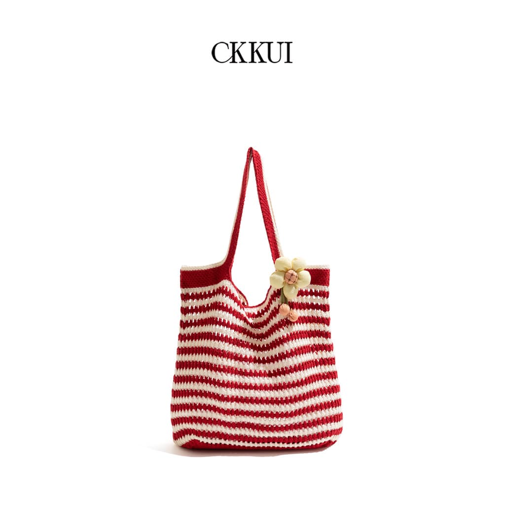 CKKUI Pequeno Fresco Contraste Cor Listrado Vermelho Tecido Bolsa Estilo Preguiçoso Bolsa de Malha Commuter Bolsa de Omb