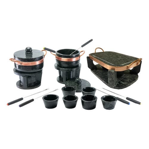 KIT FONDUE PEDRA SABÃO COMPLETO 18 PÇS COM CHURRASQUEIRA OVAL 31 CM