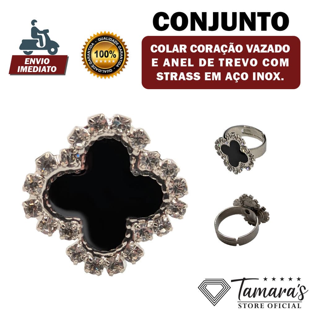Colar Coração Vazado e anel de trevo com strass em aço inox.