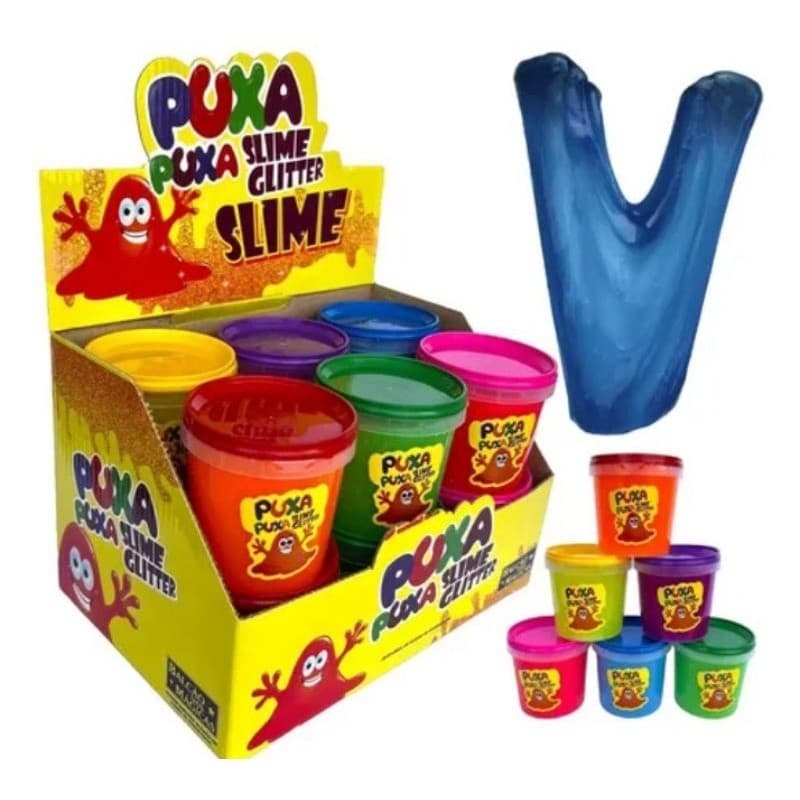 Caixa com 12 slime puxa puxa glitter com 180Gramas