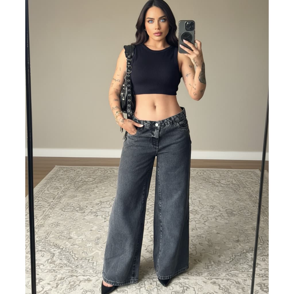Calça Jeans Wide Leg Feminina Grafite Tecido Grosso Premium