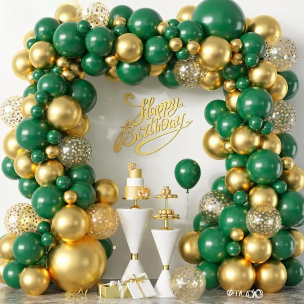 Kit 115 Balões Verde Escuro Dourado Metalizado Decoração Evento Com Bexiga Arco Desconstruído + Fita