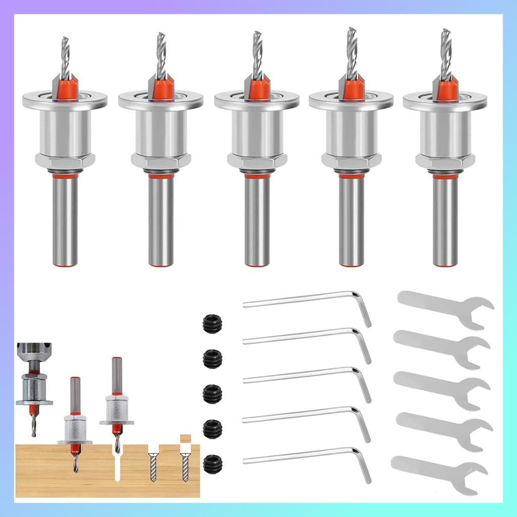 Broca escareada para carpintaria com diâmetro de furo escareado 8 mm (5 brocas + chave de abertura de 5 furos + chave se