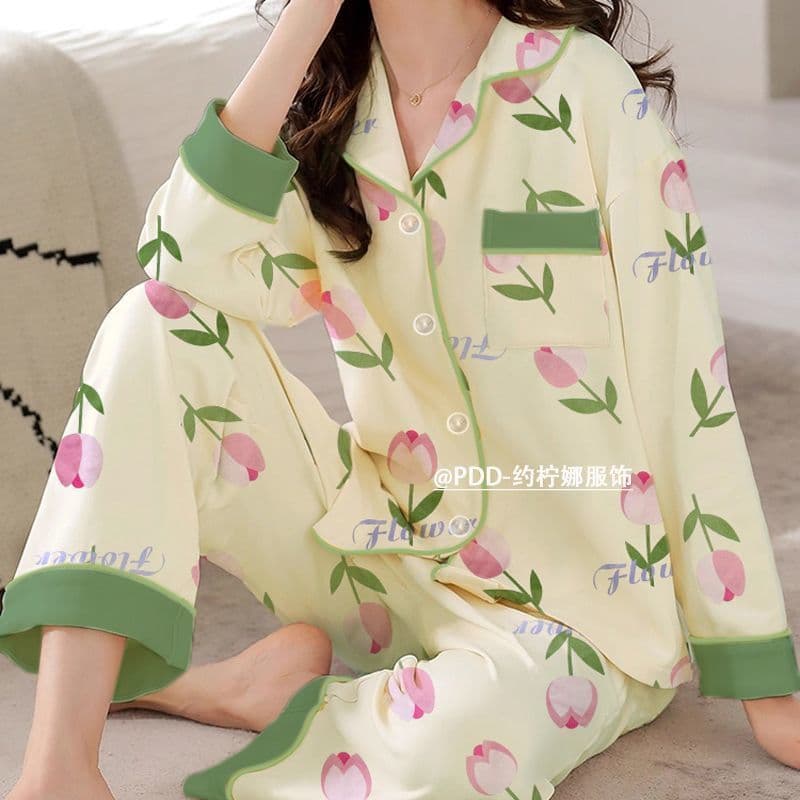 Primavera outono tulipa impresso pijamas feminino novo estilo calças de manga comprida mãe de meia-idade solta tamanho g