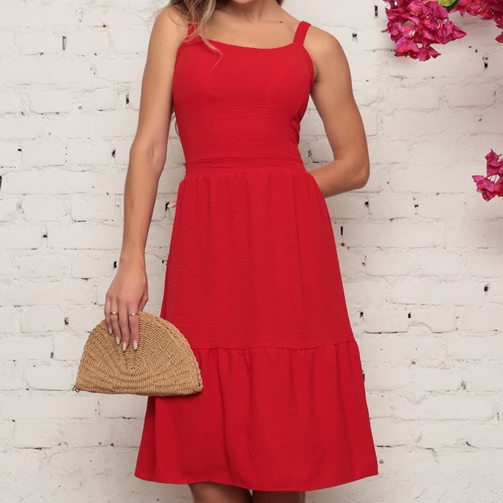 Vestido Curto Feminino Alça Trançada Com Elástico E Abertura Nas Costas Laço Decorativo Em Tecido Duna Look Urbano Leve