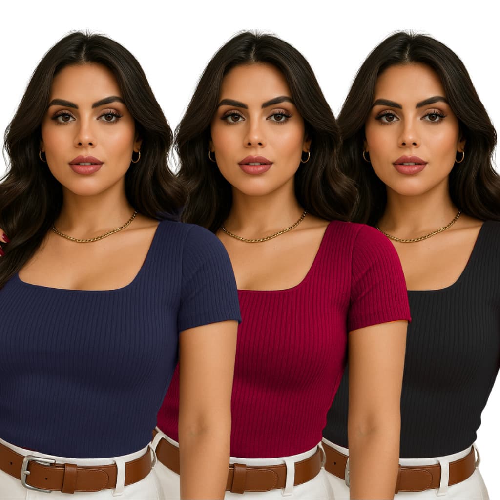 Kit 1 a 3 Blusas Blusa Feminina Decote Quadrado Manga Curta Trabalho Básica Tendência