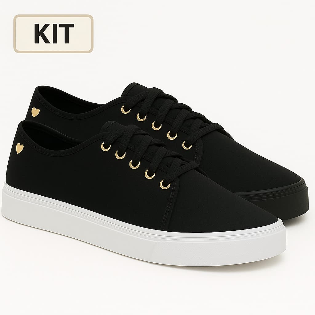 Kit 2 Tênis Feminino Branco Preto Ping Coração Casual Confortável
