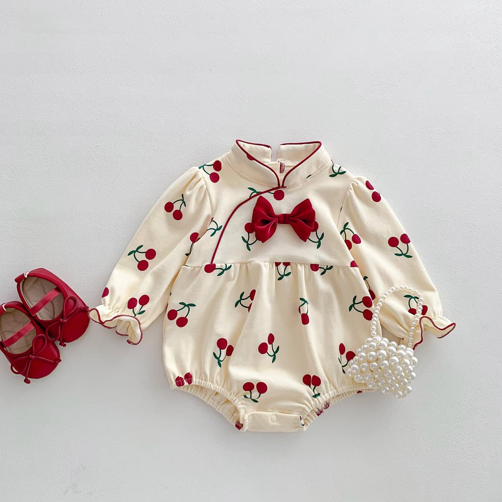 Primavera outono bebê recém-nascido menina estilo princesa cereja macacão de uma peça bebê criança mês i