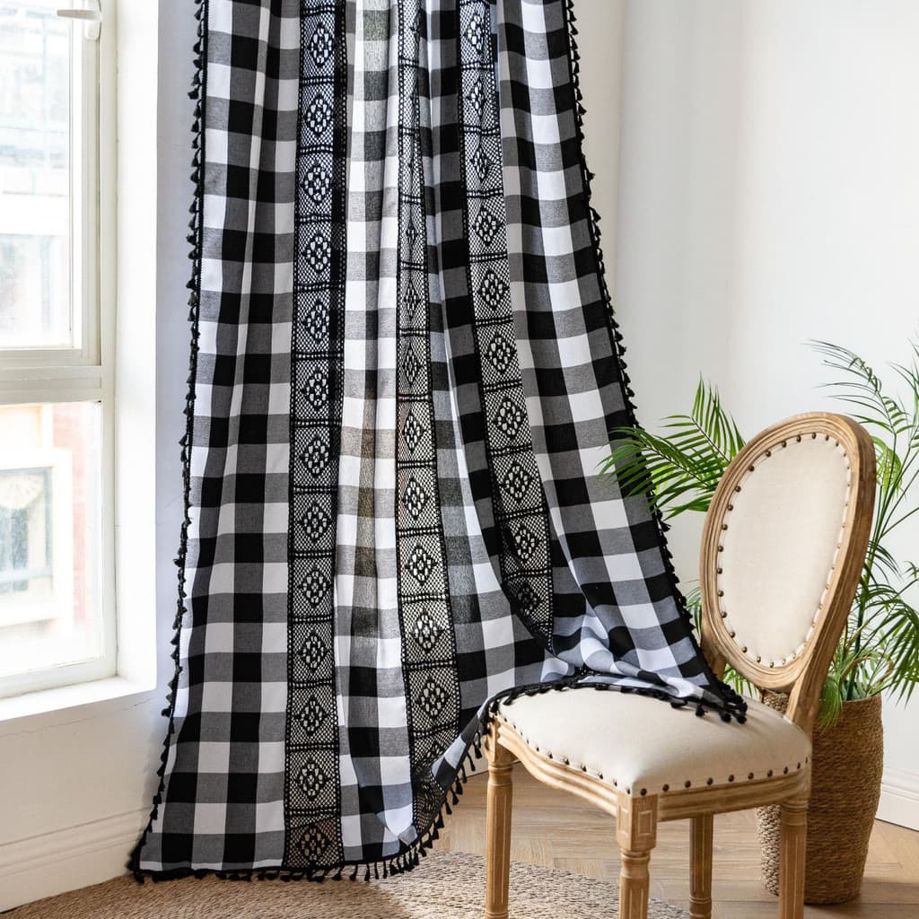 Buffalo Preto Branco Xadrez Cortinas Para Sala De Estar Fazenda Semi Janela Boho Tratamento Com Borlas Haste Bolso 1 Pai