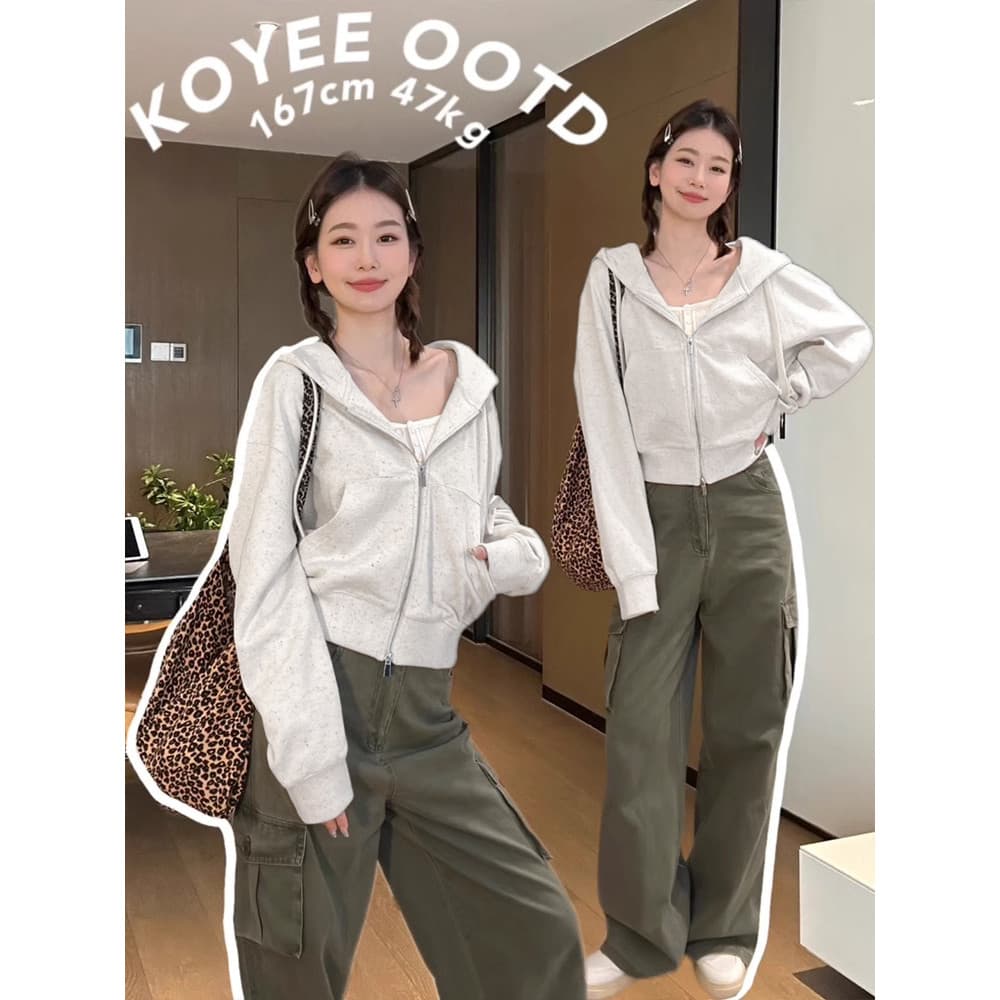 Cinza curto moletom jaqueta feminina zíper superior primavera outono com capuz forro de lã interior Cardigan usar fino-a
