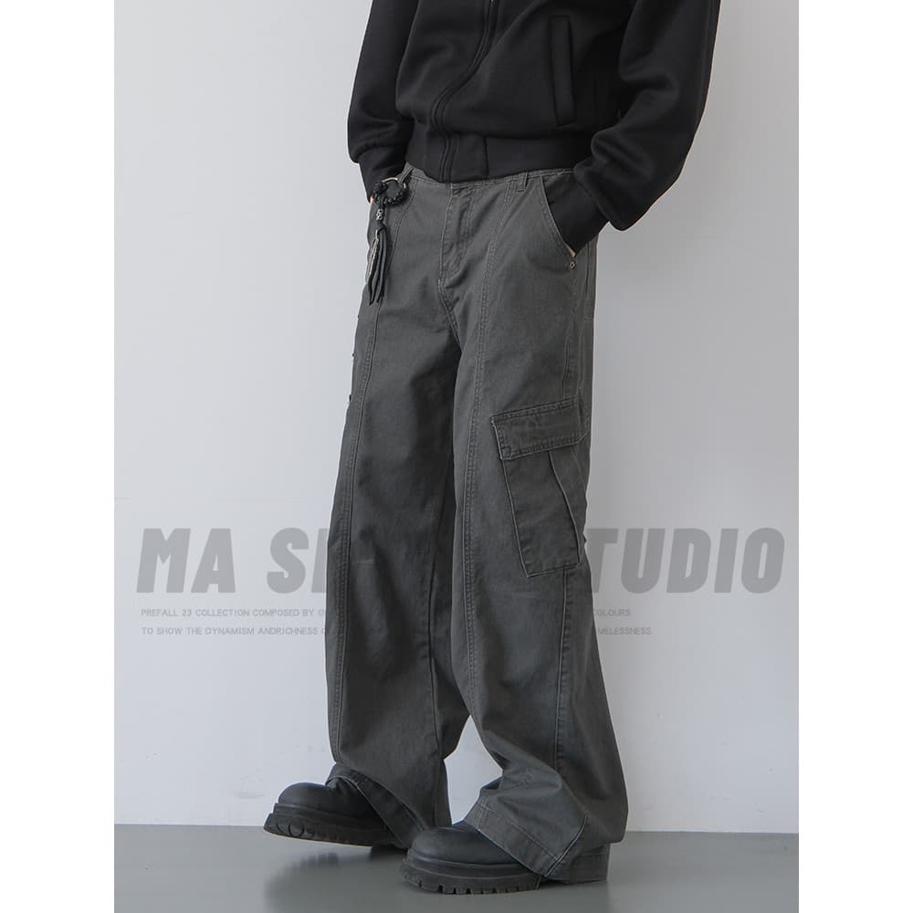 Cinza lavado calças casuais vintage americano High Street macacão masculino 2026 novo estilo solto em linha reta esfrega