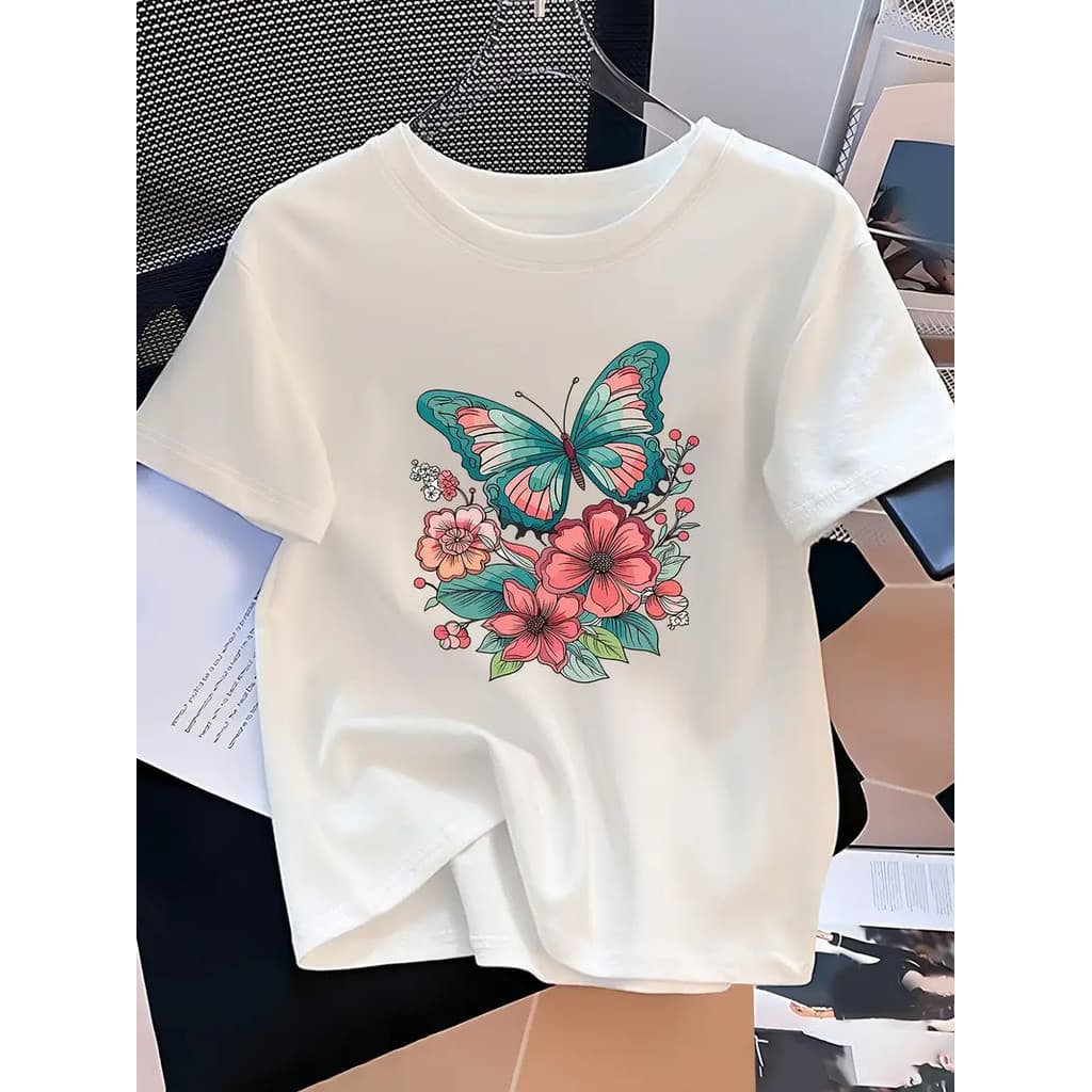 Camisa Camiseta Algodão Feminina Plus Size Estampa Floral Borboleta Colorida Manga Curta Confortável Unissex Shirt Overs