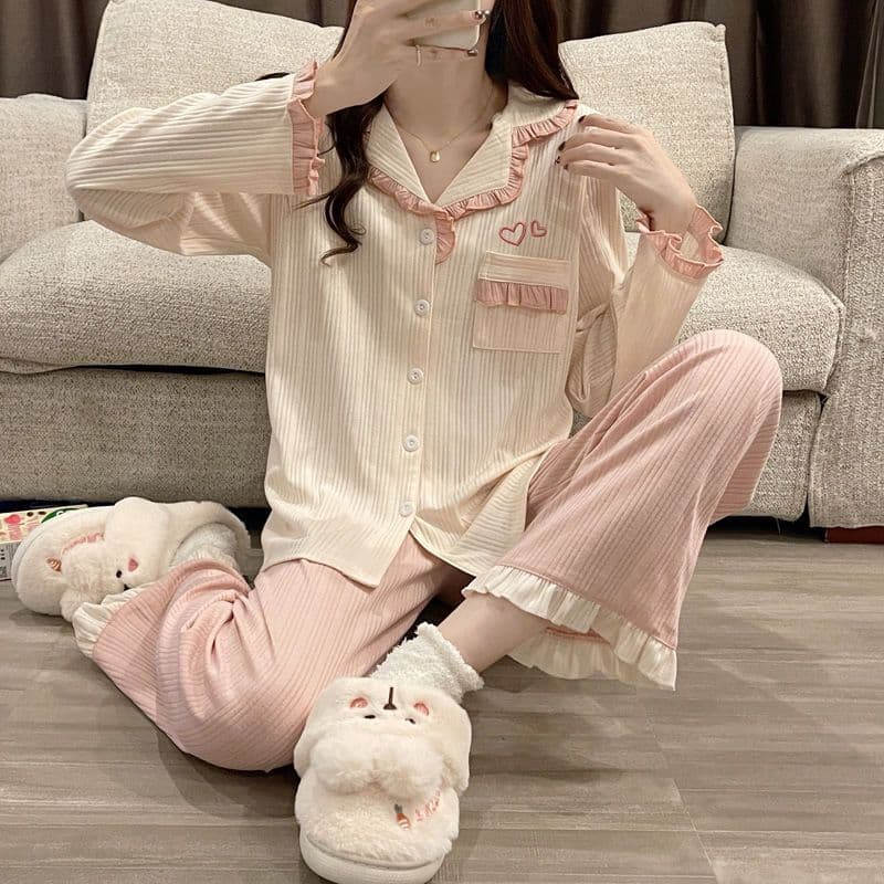 Estilo japonês pijamas femininos outono inverno novo estilo babados doce estudantes podem usar fora de manga comprida pr