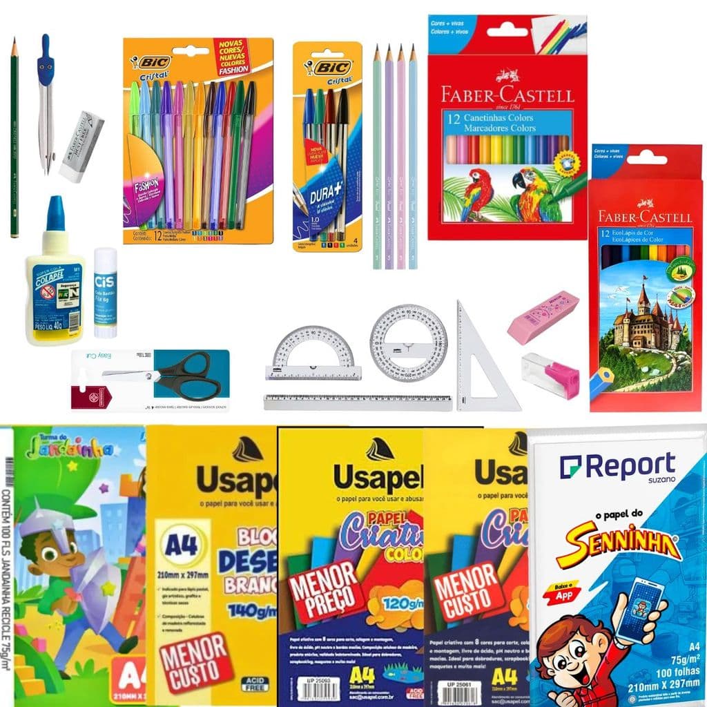 KIT 2 GRAU + PAPEIS + MATERIAIS P ESCRITA E COLORIR + COMPASSO + 2 COLAS APONTADOR  TESOURA BORRACHA