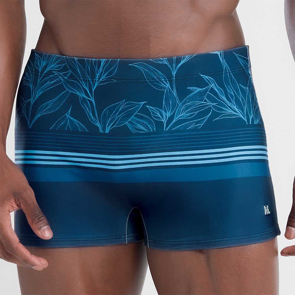 SUNGA BOXER ESTAMPADA COM FOLHAGEM E LISTRAS