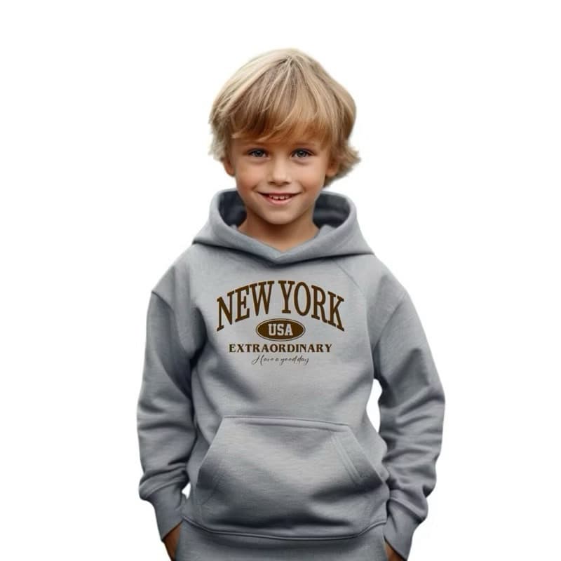 Moletom Infantil Estampado New York Extraordinary Peluciado Blisa Com Capuz Algodão Canguru