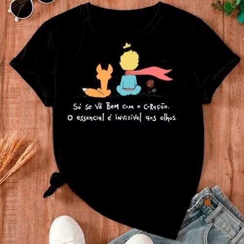Camiseta Algodão Manga Curta Estampada Meu Pequeno Príncipe Essencial é Invisível Aos Olhos