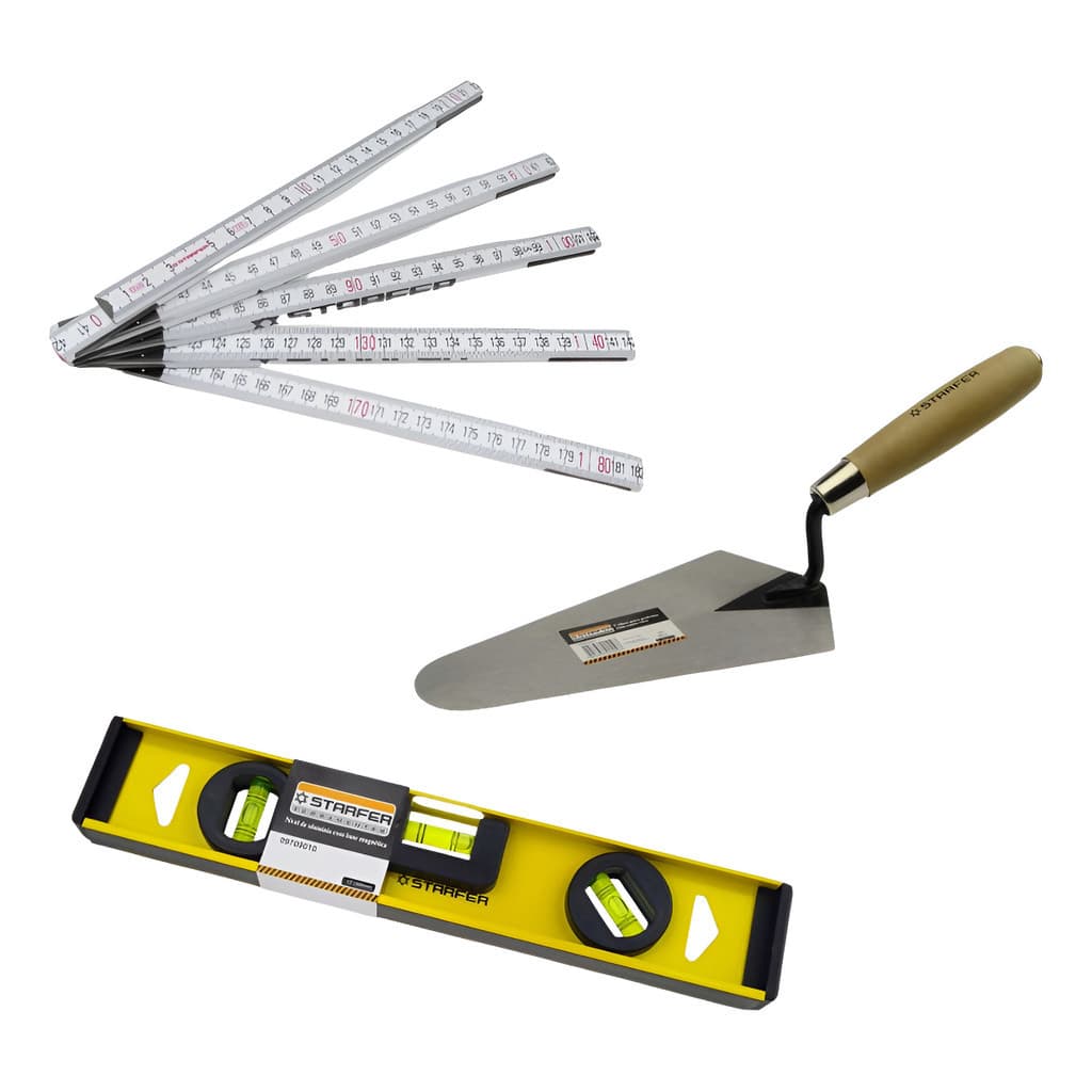 Kit Pedreiro Metro Dobrável 2 Metros Nível Magnético 30cm Colher 8" Starfer
