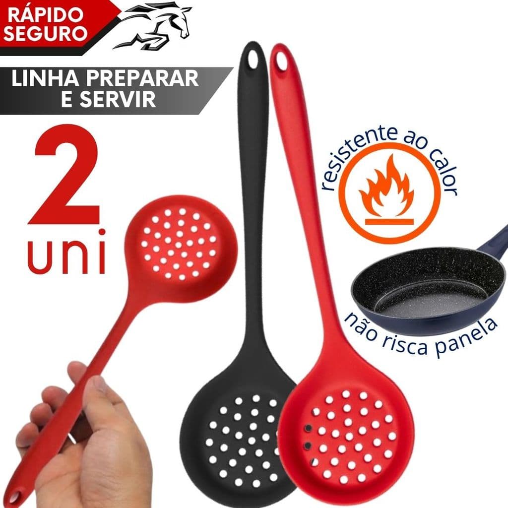 Escumadeira de Silicone 28cm Resistência Alta Cozinha Antiaderente Vermelha Preta