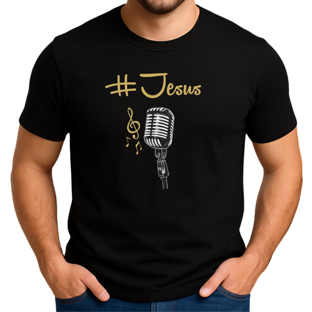 Camiseta Unissex Blusa Cristã 100% Algodão Góspel Estampa Microfone Para Músicos Louve ao Senhor