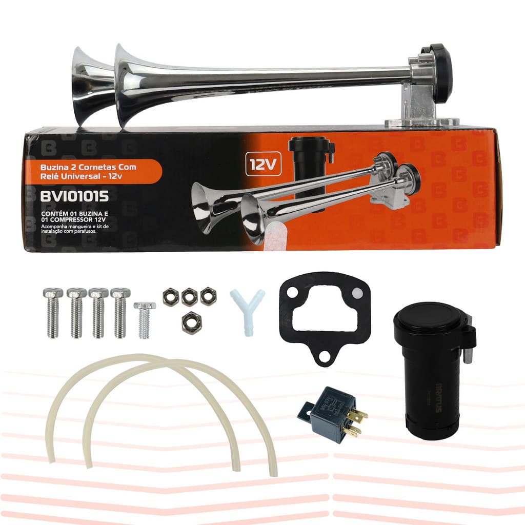 Buzina a Ar 2 Cornetas Cromada 12V 118db Kit Completo Carro Caminhão Som Alto Com Suporte e Rele