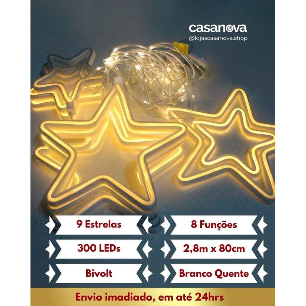 Cortina LED 816 LEDs 9 Estrelas Bivolt Branco Quente – Iluminação Natalina Decorativa