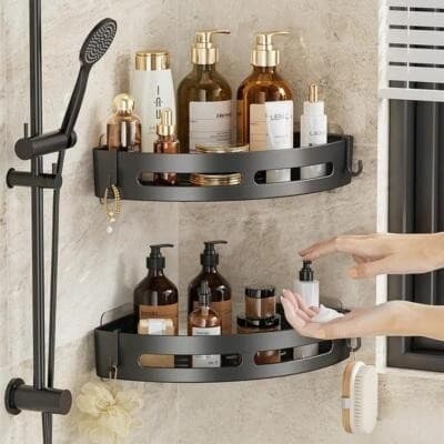 Kit 2 Prateleiras Canto Banheiro Adesiva Shampoo Produtos Pendurar Suporte Rack Organizador Porta