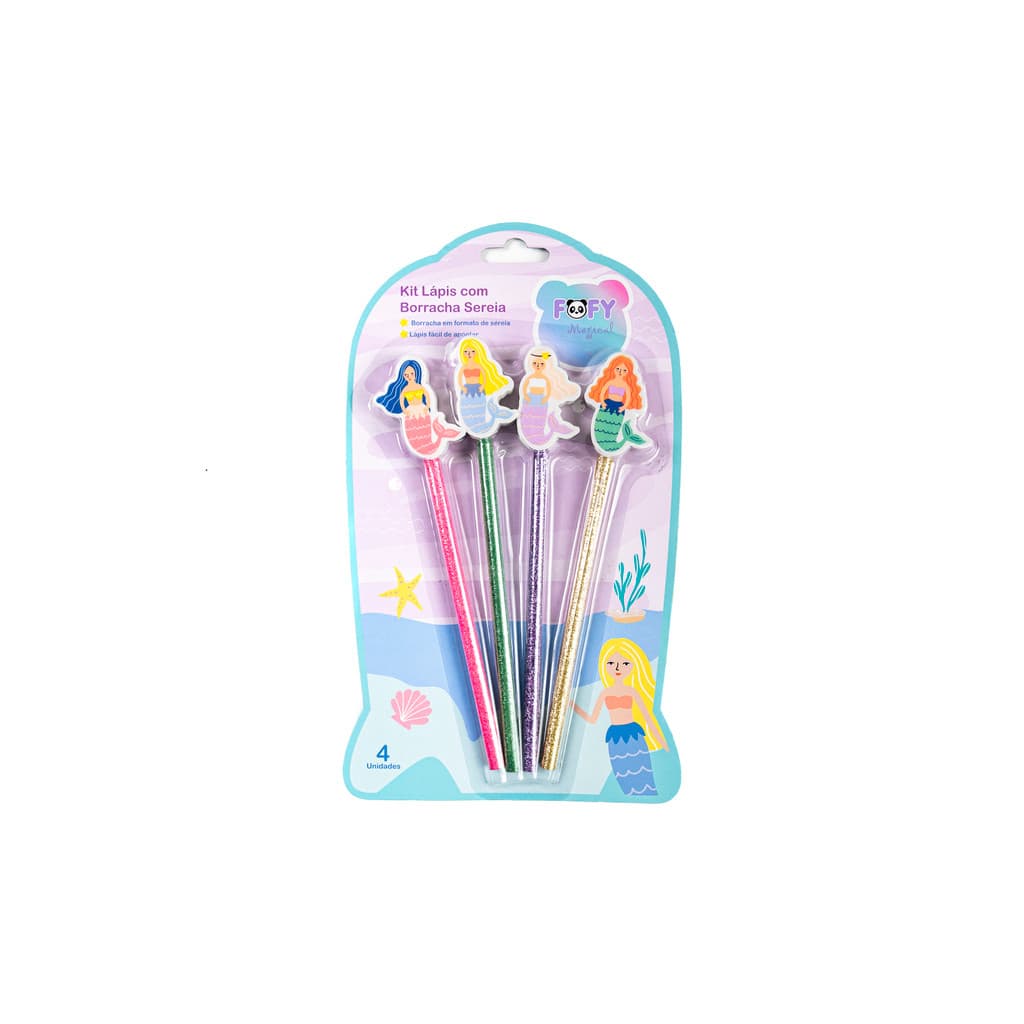 Kit 4 Lápis Preto FOFY Sereia com Borracha Decorada: Escrita e Desenho Escolar Fofo, Ponta HB para Escrita e Decoração.