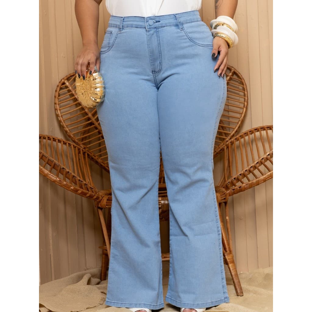 Calça Wide Leg Jeans Plus Size Feminina Cós Alto Confortável