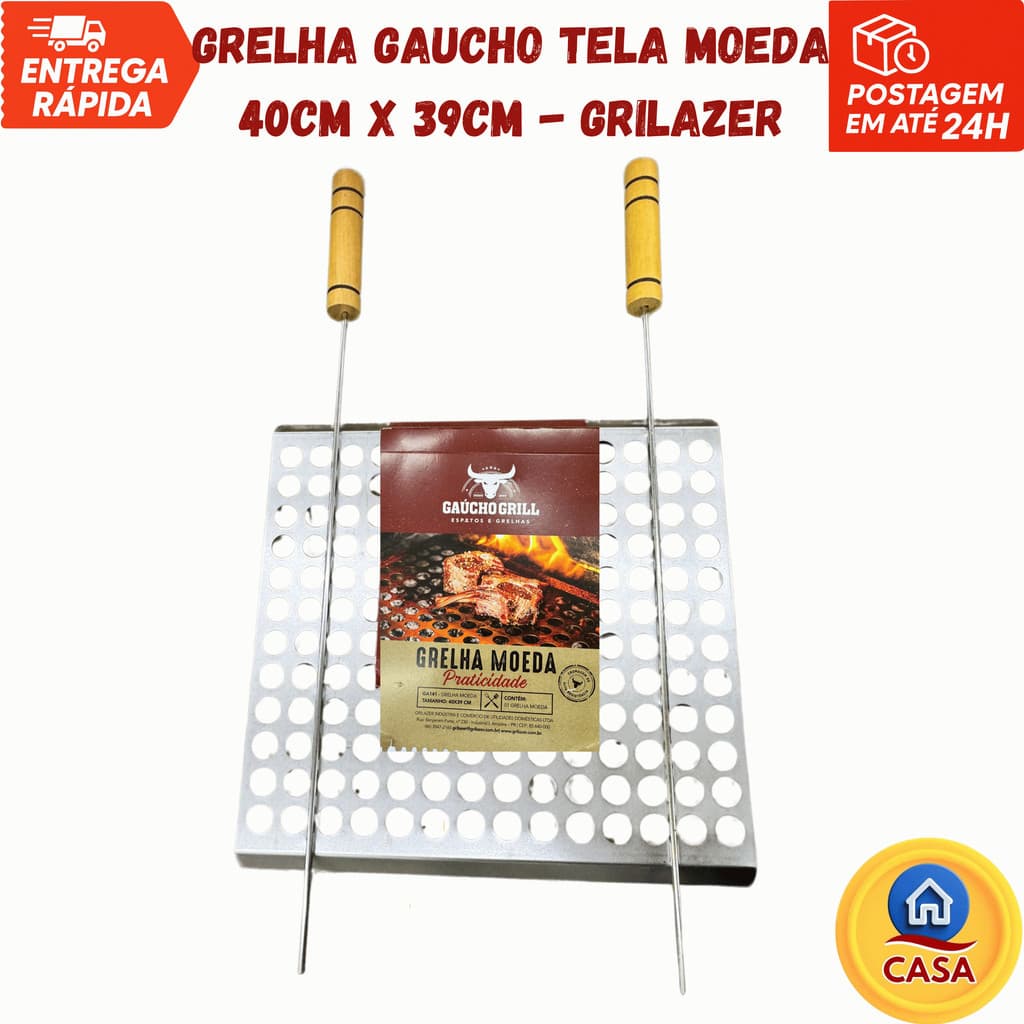 Grelha Gaúcho Tela Moeda 40x39cm – Grilazer em Aço Cromado Reforçado