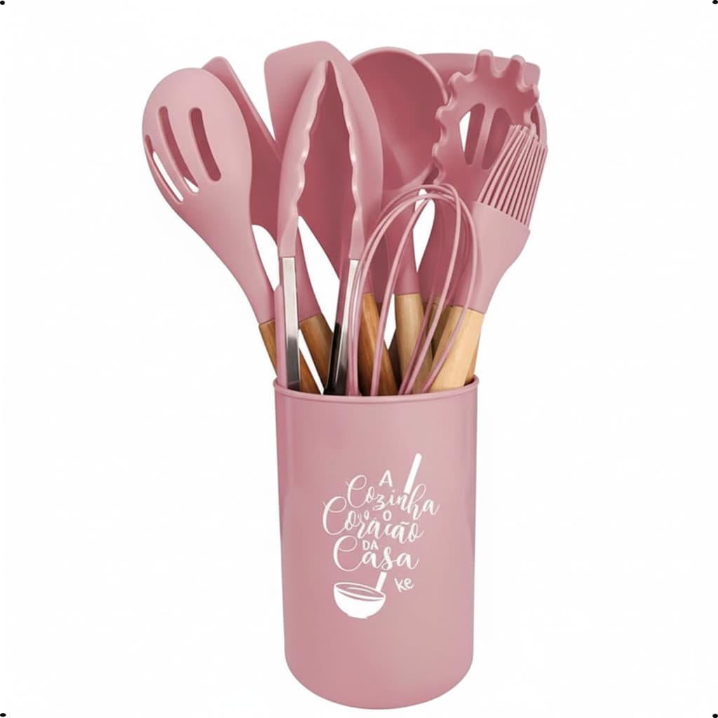 Kit 12 Utensílios de Cozinha Rosa em Silicone com Cabo de Madeira Resistente ao Calor