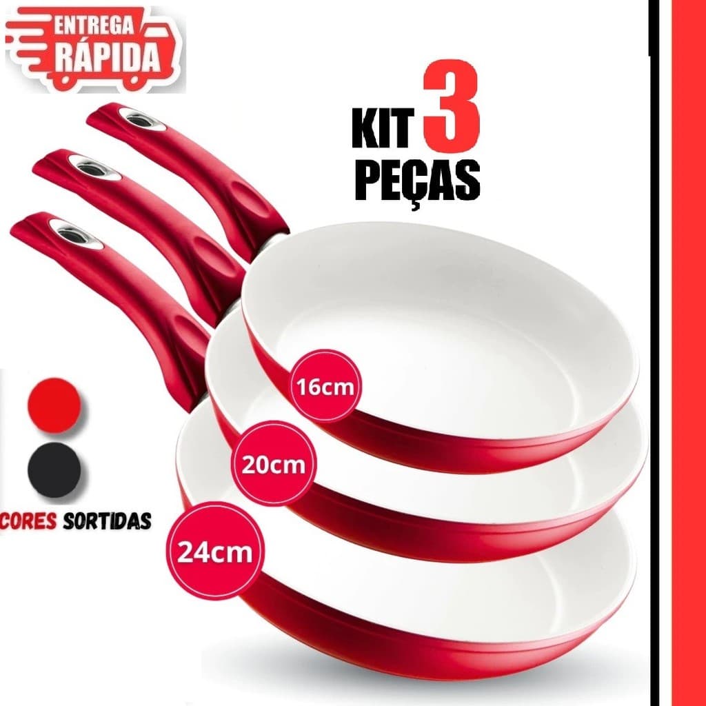 Kit 3/2/1 Frigideiras 16cm 20cm 24cm, em Cerâmica Antiaderentes  Cabo Ergonômico Revestimento Cerâmico PRETO OU VERMELHO