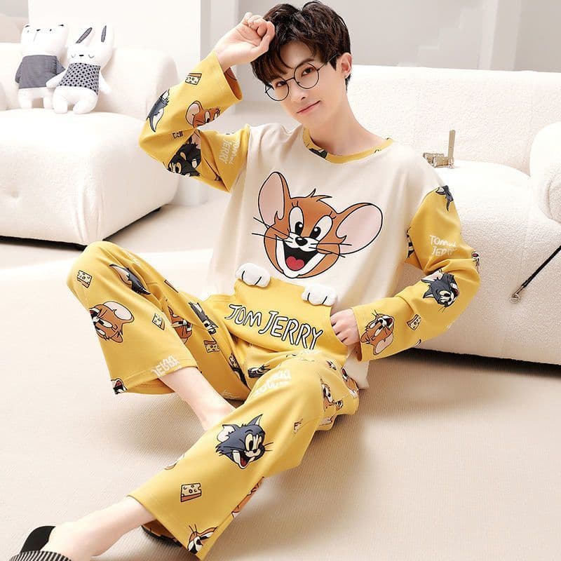 Pijama juvenil masculino desenho animado algodão puro terno de manga comprida primavera outono estilo fino estudantes do