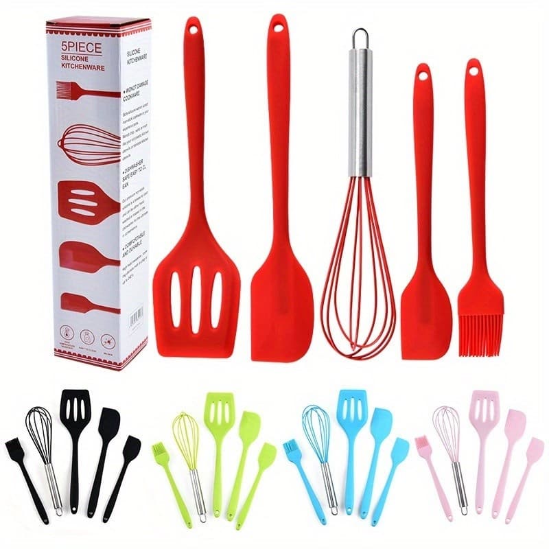 Kit Culinário Silicone 5 Peças – Espátula, Colher, Pincel e Fouet de Cozinha