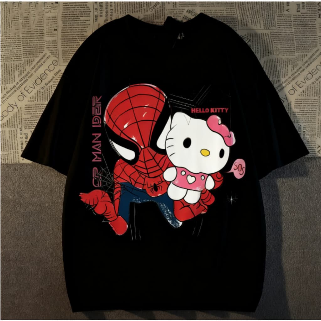 Camiseta Unissex Casual Plus Size Em Algodão Puro Com Estampas Do Homem-Aranha E Da Hello Kitty