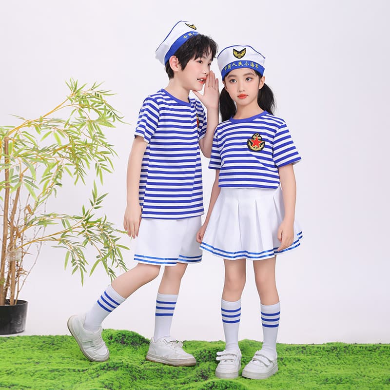 Fantasia infantil da pequena marinha, jogos de jardim de infância, coro, camisa da alma do mar, camiseta listrada [2026