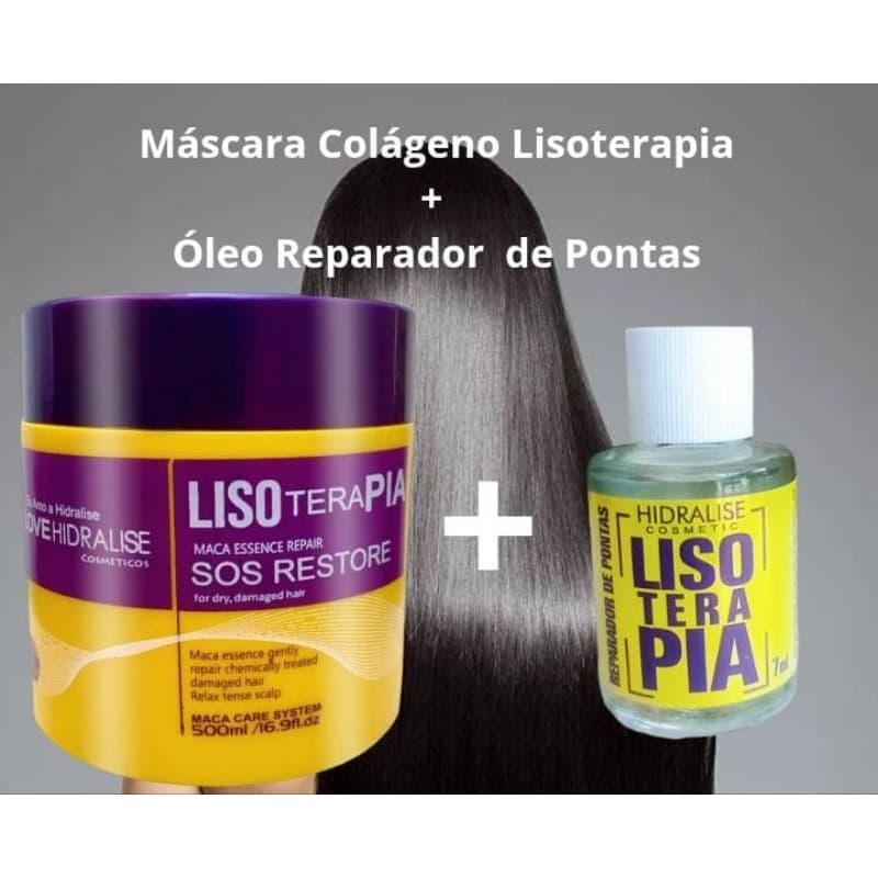 Kit Máscara Colágeno Lisoterapia+ Óleo Reparador de Pontas Lisoterapia Hidralize