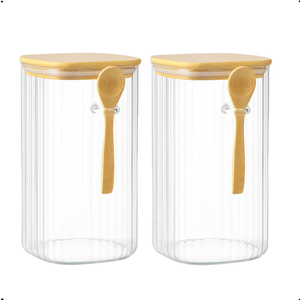 Pote Hermético Vidro Borossilicato Canelado com Colher e Tampa de Bambu 1,55 L