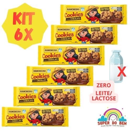 Kit 6X Cookies Sabor Baunilha com Gotas de Chocolate Rancheiro 60g Zero Lactose | Sem Leite | Vegano