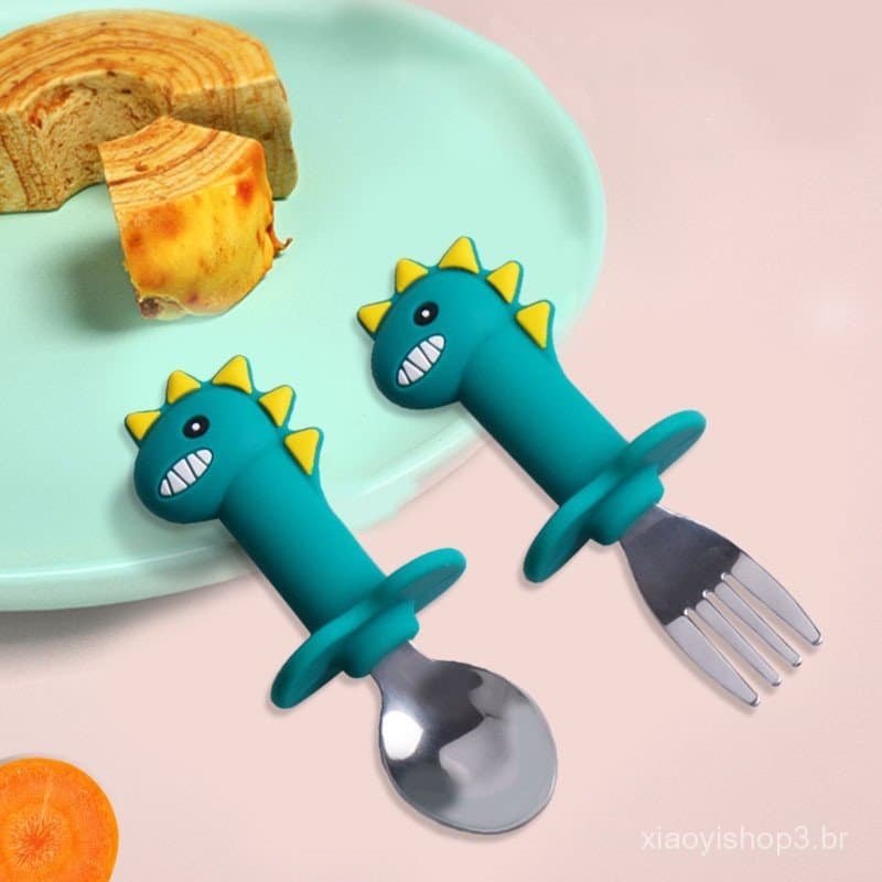 Conjunto De Garfos Para Alimentação De Bebê Colher De Garfo De Silicone Manopla De Desenho Animado Dinossauro Infantil R