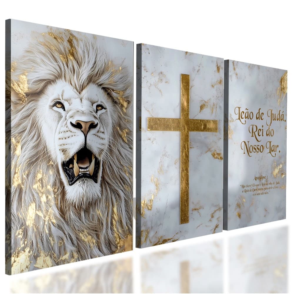 Quadro Decorativo 3 Peças Leão Branco Divino Cruz Dourada Apocalipse 5 Fundo Mármore Casa Sala Quarto Decoração Parede