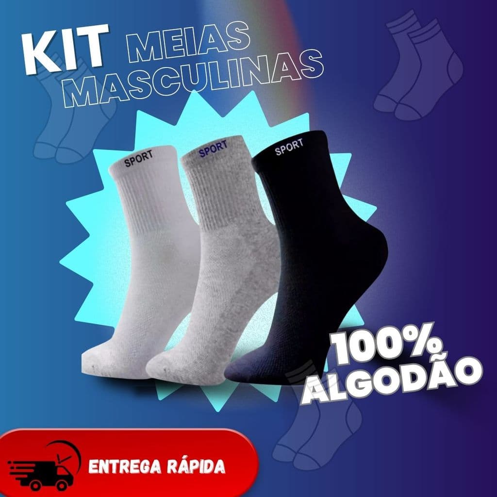 KIT 3 Meias Cano Longo Masculina SPORT  - Preto/Cinza/Branco