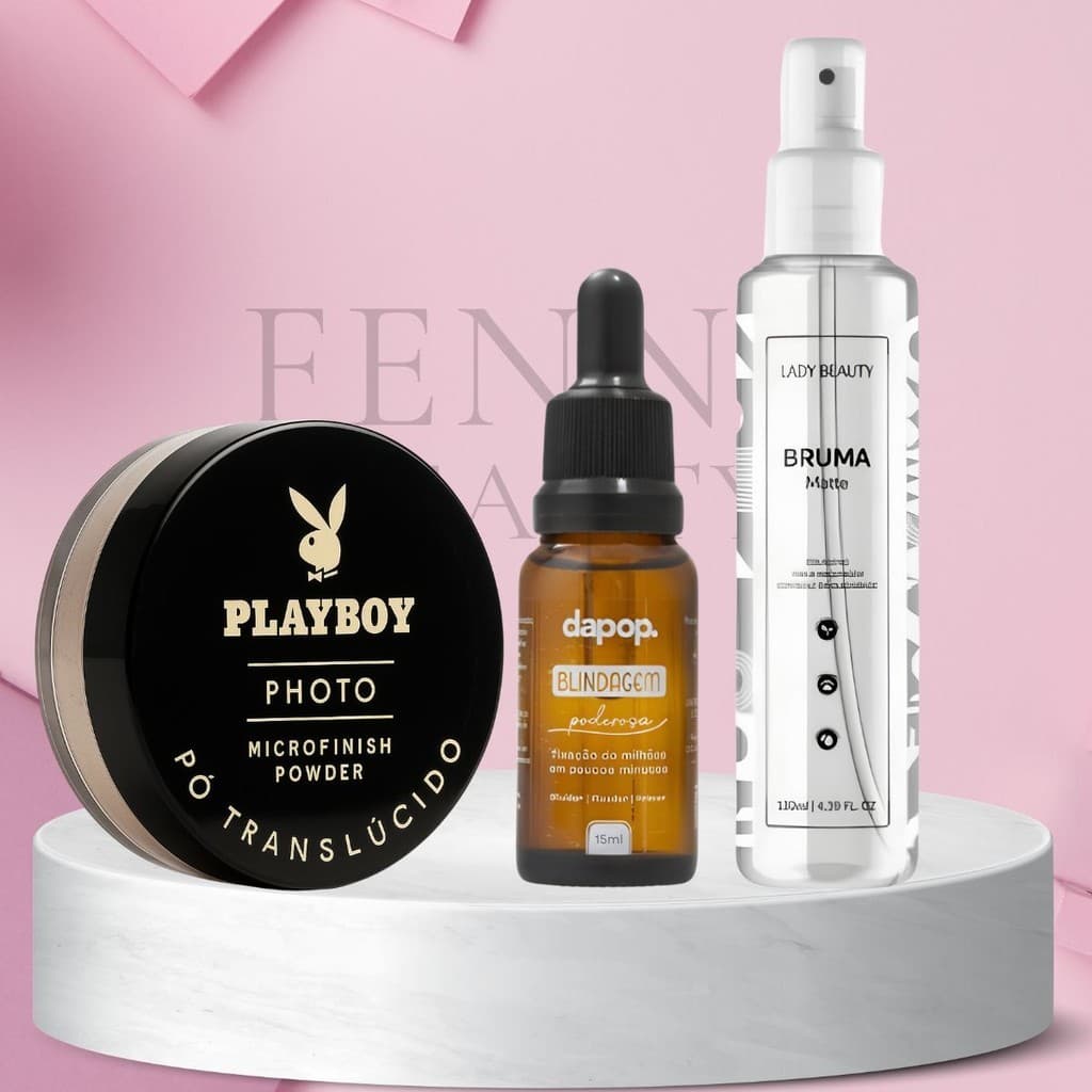 Kit Pó Microfinish Powder Playboy + Blindagem Poderosa 15ml Dapop + Bruma Fixadora Matte Lady Beauty
