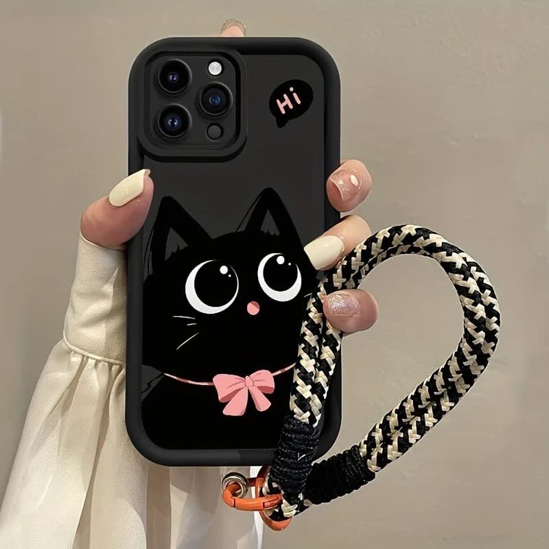 Gato Preto Bonito Com Cordão Caso De Telefone Para iPhone 17 16E 15 14 13 12 11 Pro Max 7 8 Plus XS Capa