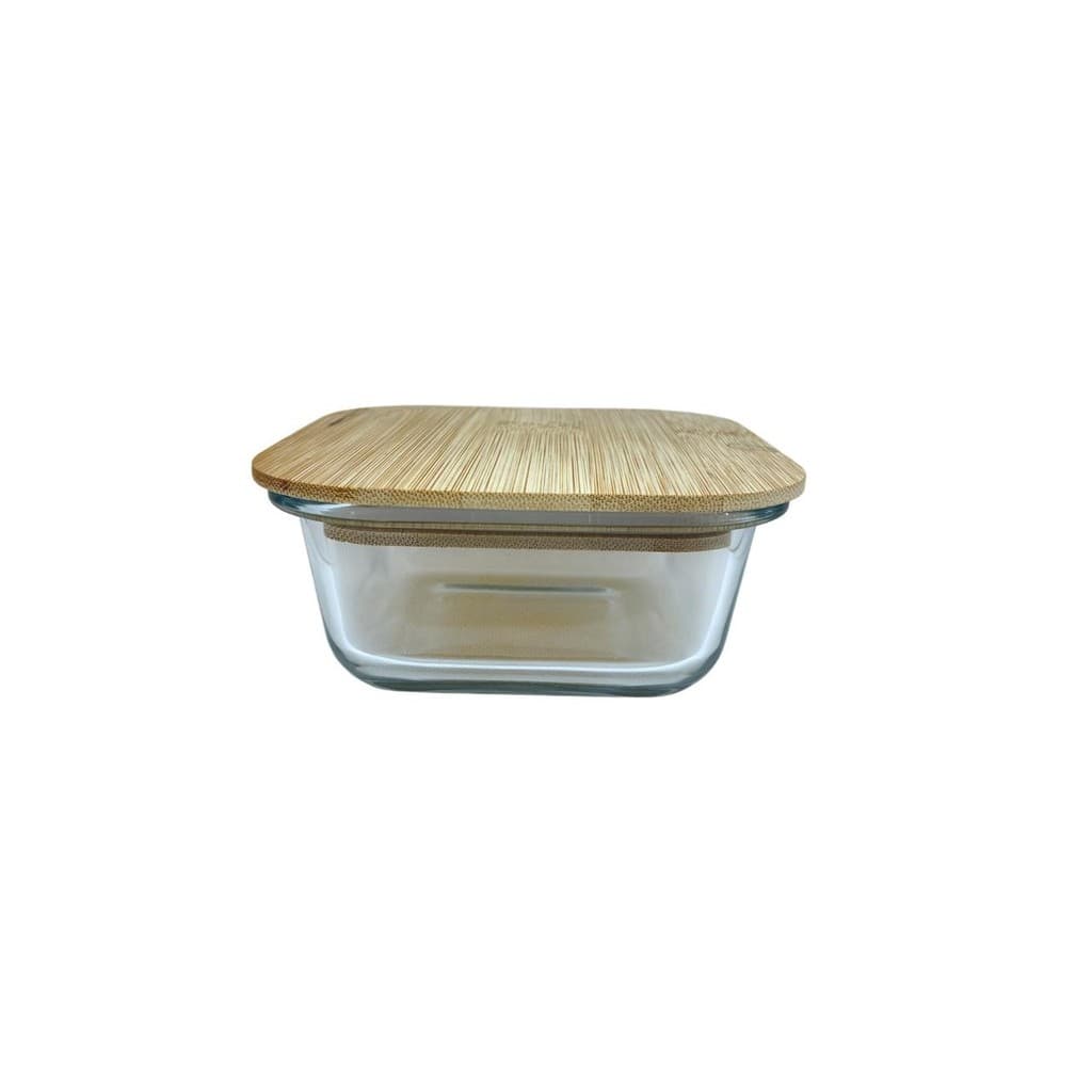 Pote De Vidro Hermético Quadrado Com Tampa De Bambu 320ml