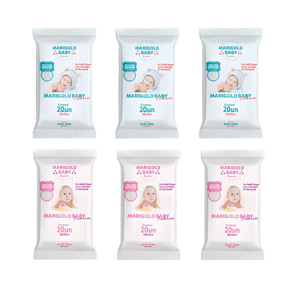 Kit 3 Lenço Umedecido Marigold Pocket Premium Rosa Ou Azul C/ 20un Cada Pacote