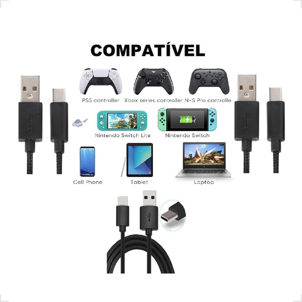 Cabo Carregador Controle Ps5 Xbox Series e Celulares Tipo-c 1.8 Metros CABO TIPO C