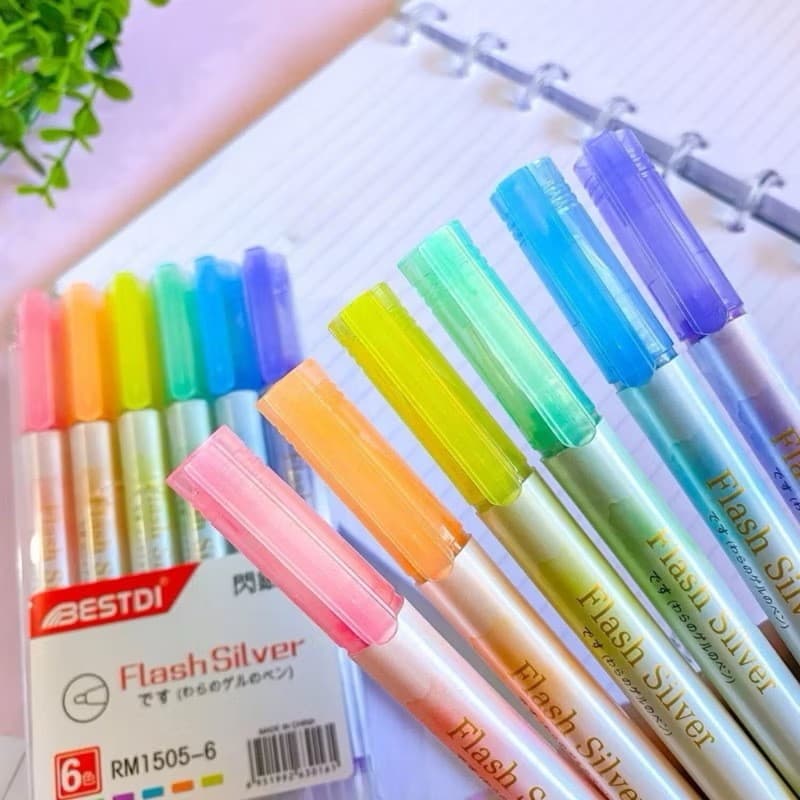 6 peças Marca texto de Glitter Flash silva Pronto a Entrega Material escolar pastéis fluorescência