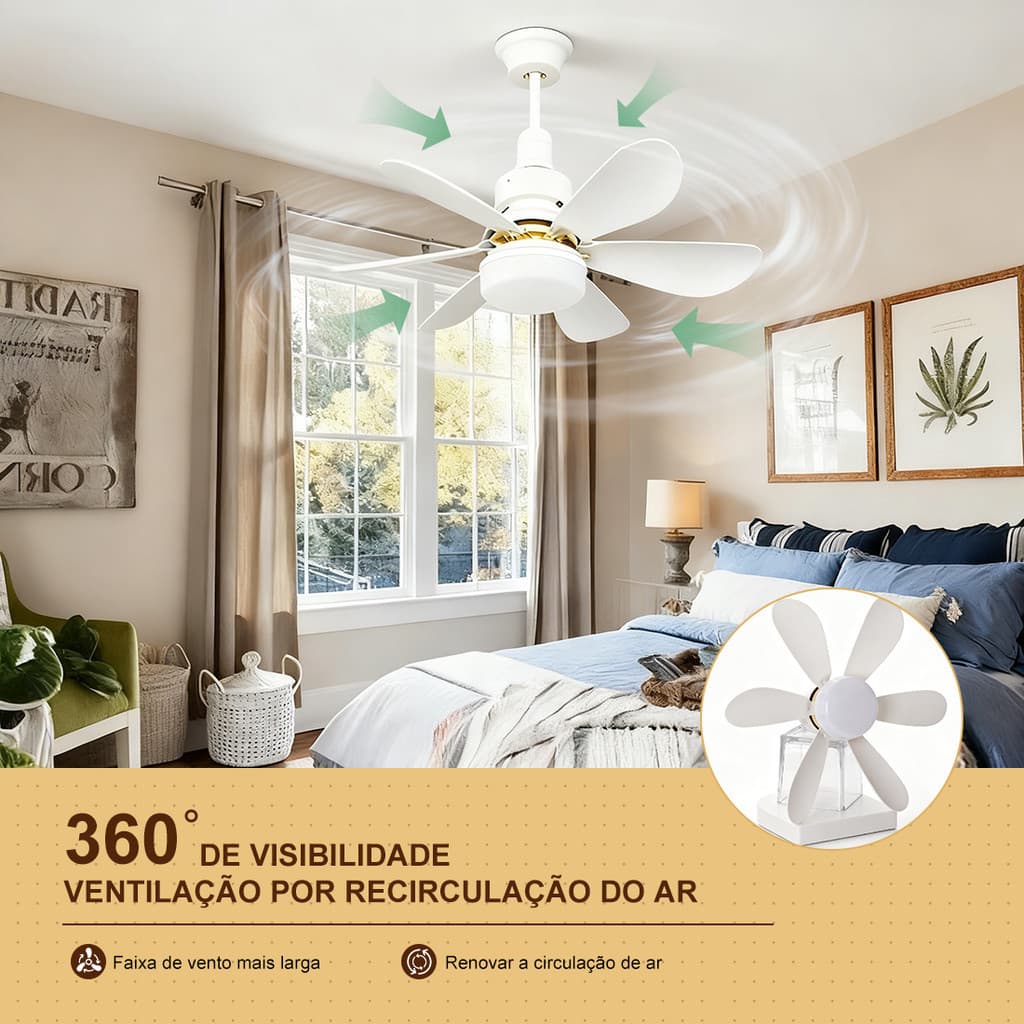 Ventilador Lâmpada De Teto LED Silencioso, Moderno e com Controle Remoto,6 Hélices, Bivolt,Prática Instalação E27