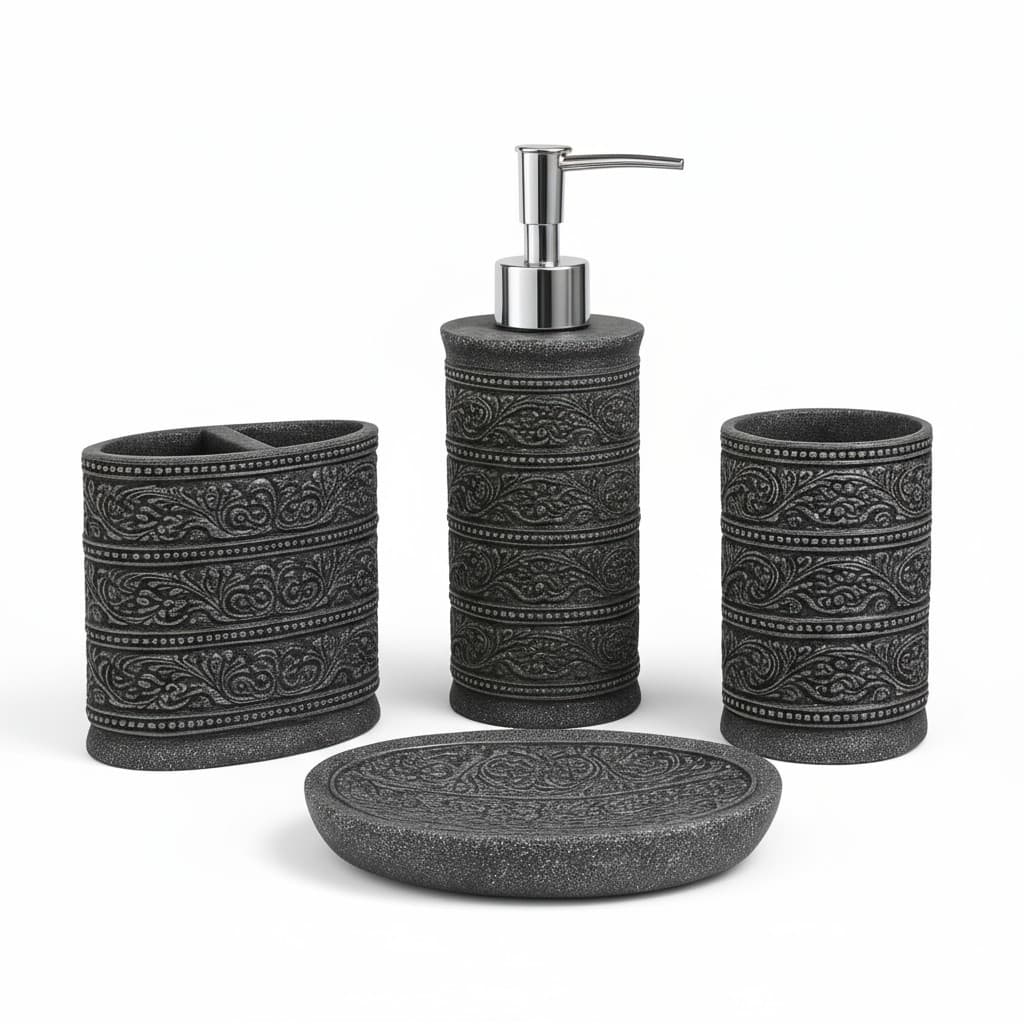Conjunto Acessórios Banheiro 4 Peças em Cerâmica Rústico Lines – Estilo e Sofisticação AliDoLado